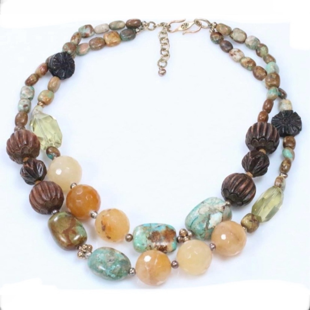 BARSE Chunky 2 strand multi stone carved necklace 21” brass 182.8 grams